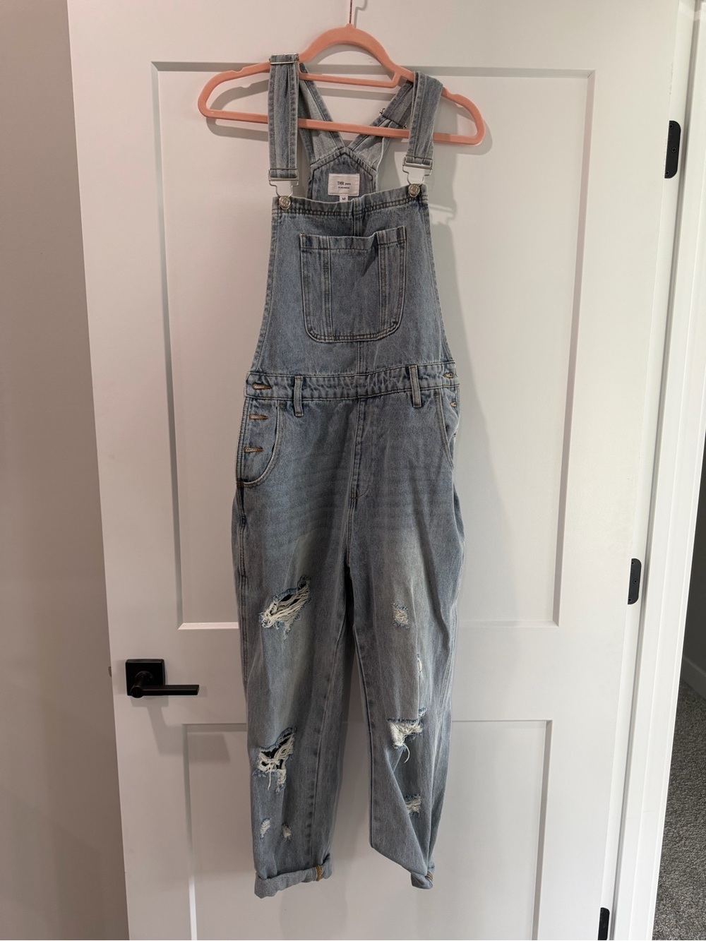 Vici Light Wash Distressed Denim Overalls